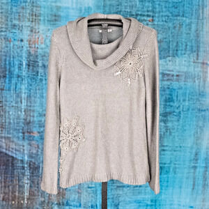 Coldwater Creek Women's Beaded Cowl Neck Sweater LARGE Snowflake Holiday Winter